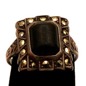 Early Vintage Estate Art Deco Uncas Onyx & Marcasite Silver Ring Size 6